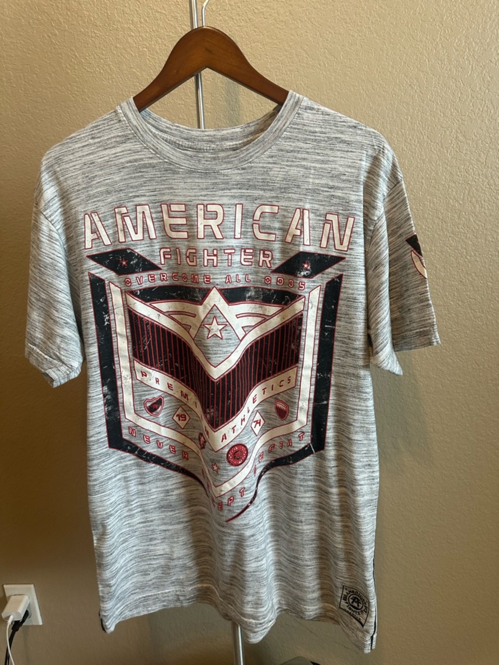 American Fighter Gray Short Sleeve Graphic Tee with Maroon & Black Print
